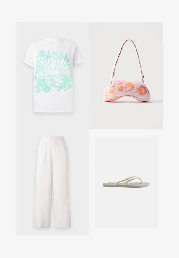 T-shirt blanche à manches courtes avec impression turquoise d'un soleil se couchant sur des vagues océaniques, des palmiers, des fleurs d'hibiscus et le texte "Rip Curl".; Pantalons larges blancs en tissu texturé et froissé. Dotés d'une taille élastique et de poches latérales pour plus de commodité.; Tongs en caoutchouc blanc cassé, à bride fine et semelle texturée, vues de côté sur un fond uni.; Petit sac à main à la forme courbée présentant un motif floral rose et orange et une bandoulière unique sur fond uni.