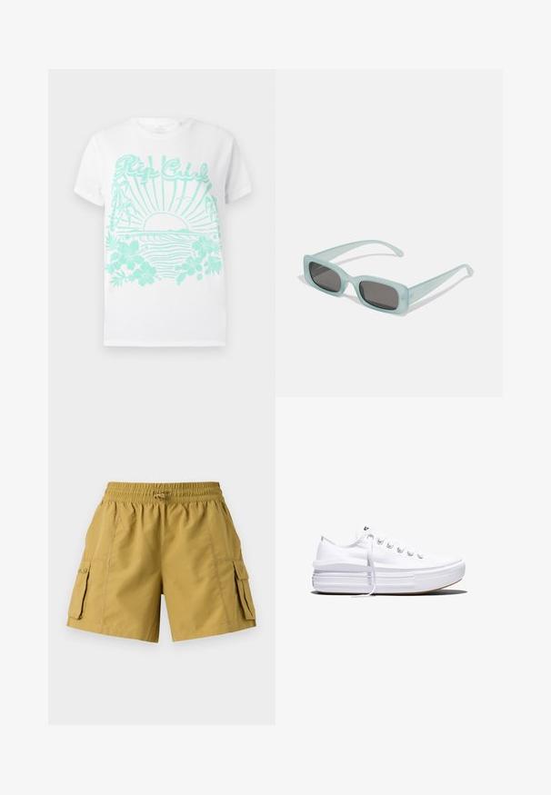 Hvid t-shirt med korte ærmer og turkistryk af en solnedgang over havbølger, palmetræer, hibiscusblomster og "Rip Curl" tekst.; Cargo shorts i khaki med elastisk talje, snøre og to sidelommer. Fremstillet af letvægtsstof med en glat overflade.; Hvid lavt snørestøvle med tyk plateau-sål, snørelukning foran og gummiforstærket tåkap, set i sideprofil.; Et par rektangulære solbriller med lyseblå gennemsigtige stel og mørkegrå linser, der har lige templer og minimale hardware detaljer.