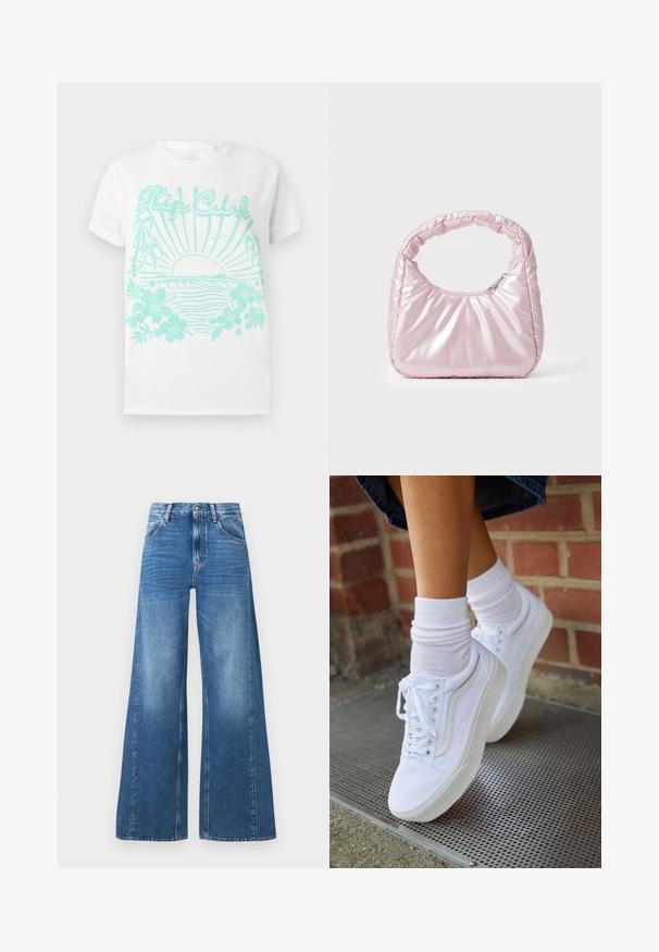 T-shirt blanche à manches courtes avec impression turquoise d'un soleil se couchant sur des vagues océaniques, des palmiers, des fleurs d'hibiscus et le texte "Rip Curl".; Jean en denim bleu à taille haute et jambes larges, avec poches avant et un aspect délavé, en coton avec une texture lisse.; Baskets en toile blanches avec semelles en caoutchouc, dotées de six œillets, d'un bout rond et de détails de couture légers, portées avec des chaussettes blanches mi-mollet.; Sac à main rose rembourré avec un design arrondi, fabriqué à partir d'un matériau brillant. Dispose d'une poignée froncée et d'une fermeture éclair pour un accès sécurisé.