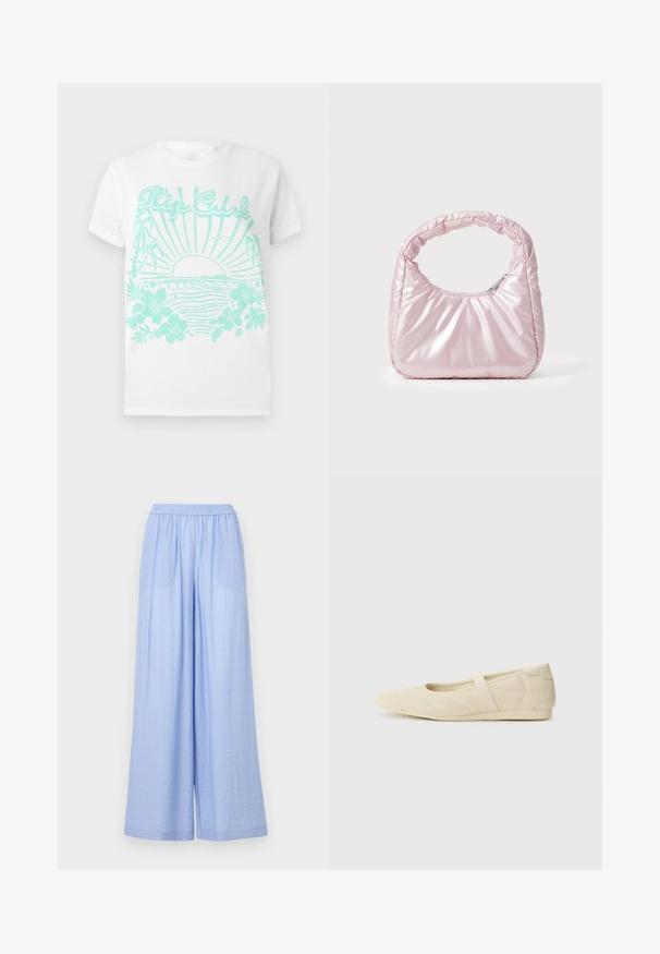 T-shirt blanche à manches courtes avec impression turquoise d'un soleil se couchant sur des vagues océaniques, des palmiers, des fleurs d'hibiscus et le texte "Rip Curl".; Pantalons larges bleu clair en tissu texturé, avec une taille élastique et deux poches latérales.; Ballerines beiges avec une exterior en cuir lisse, un bout en forme d'amande et une sangle élastique sur le coup de pied, avec des détails de couture subtils.; Sac à main rose rembourré avec un design arrondi, fabriqué à partir d'un matériau brillant. Dispose d'une poignée froncée et d'une fermeture éclair pour un accès sécurisé.