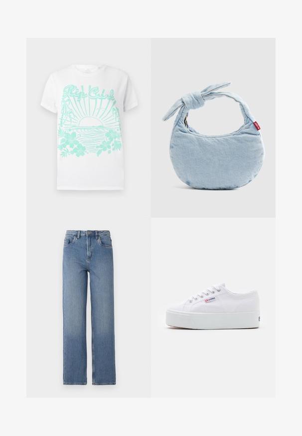 Weißes T-Shirt mit kurzen Ärmeln und türkisfarbenem Aufdruck einer Sonne, die über den Wellen des Ozeans untergeht, mit Palmen, Hibiskusblüten und dem Text "Rip Curl".; Hochgeschnittene blaue Jeans mit geradem Bein. Verfügt über ein klassisches Fünf-Taschen-Design und dezente Ausbleichungen auf der Vorderseite.; Weiße Leinenschuhe mit einer dicken weißen Plattformsohle, runder Zehenpartie und Metallösen für die Schnürsenkel. Markenlogo an der Seite angebracht.; Hellblaue Jeans-Schultertasche mit Knoten-Detail am Griff und einem kleinen roten Levi's-Tag an der Seite.