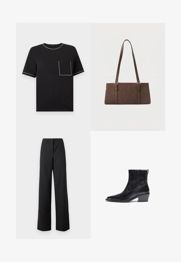 Schwarzes T-Shirt mit kurzen Ärmeln und weißer Kontrastnaht am Kragen, an den Ärmelenden und auf einer Vorderseite-Tasche auf der linken Brustseite.; Schwarze Damen-Hosen mit hoher Taille und weitem Bein, mit verdecktem vorderem Verschluss und Gürtelschlaufen.; Schwarzer Leder-Ankle-Boot mit spitzer Zehe und niedrigem Blockabsatz. Mit einem Seitenreißverschluss und minimalen Nähdetails für ein elegantes Design.; Braune rechteckige Schultertasche mit langen Trägern und minimalen Steppnähten vor einfarbigem Hintergrund.