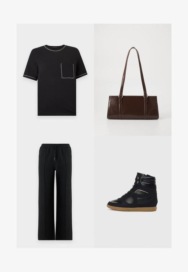 T-shirt noir à manches courtes avec des surpiqûres blanches contrastantes sur le col, les bords des manches et une poche avant sur la poitrine gauche.; Pantalon de survêtement noir à jambes larges avec ceinture élastique et cordon de serrage. Confectionné en tissu doux, avec des coutures avant pour plus de détails.; Baskets montantes noires avec des panneaux en cuir et en daim, détails perforés, semelle en caoutchouc gomme et accents dorés sur les œillets.; Sac à main en cuir verni marron de forme rectangulaire, avec deux longues poignées et des accents courbés subtils à l'avant.