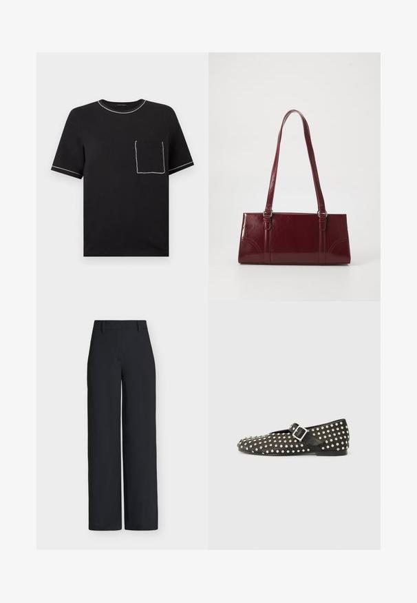 Schwarzes T-Shirt mit kurzen Ärmeln und weißer Kontrastnaht am Kragen, an den Ärmelenden und auf einer Vorderseite-Tasche auf der linken Brustseite.; Schwarze, hoch taillierte, weit geschnittene Hose mit Gürtelschlaufen und verdecktem vorderem Verschluss.; Schwarzer Ballerina mit abgerundetem Zehenbereich, verziert mit silbernen Nieten. Verfügt über einen Riemen mit Schnalle über dem Rist. Glatte Textur, niedriger Absatz.; Burgunderfarbene Handtasche aus glänzendem Material, rechteckige Form, mit zwei Schulterriemen und subtilen, geschwungenen Akzenten an der Vorderseite.