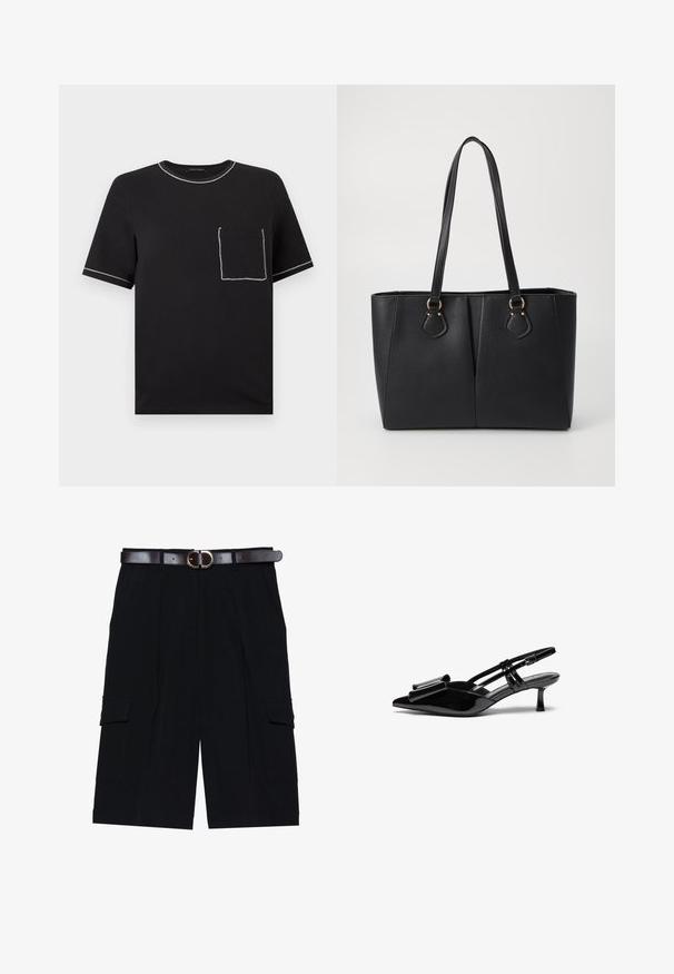 Camiseta negra de manga corta con costuras contrastantes blancas en el cuello, los bordes de las mangas y un bolsillo frontal en el pecho izquierdo.; Pantalones cortos cargo negros hechos de una tela ligera, con un corte recto, bolsillos laterales y un cinturón de cuero marrón con una hebilla de plata.; Zapatos de tacón slingback de charol negro con punta afilada, detalle de lazo en el frente y un pequeño tacón de aguja. Las correas tienen hebillas ajustables.; Bolso tote de cuero sintético negro con un acabado texturizado, dos asas largas y detalles en tono dorado en el lateral. Forma rectangular.