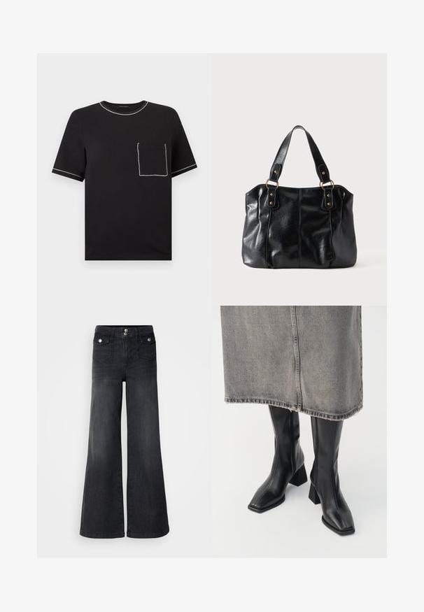 Schwarzes T-Shirt mit kurzen Ärmeln und weißer Kontrastnaht am Kragen, an den Ärmelenden und auf einer Vorderseite-Tasche auf der linken Brustseite.; Schwarze Denim-Jeans mit weitem Bein und hoher Taille, mit vorderen Knöpfen und zwei Vordertaschen; glatte Textur mit leichtem Verwaschungsfinish.; Schwarze knielange Stiefel aus glattem Leder mit quadrater Zehenpartie und Blockabsatz. Getragen mit einem grauen Jeansrock mit ausgefranstem Saum.; Schwarze Leder-Schultertasche mit doppelten Trägern, befestigt durch goldene Ringe und Nieten, glatte und leicht glänzende Oberfläche, schlichtes Design.