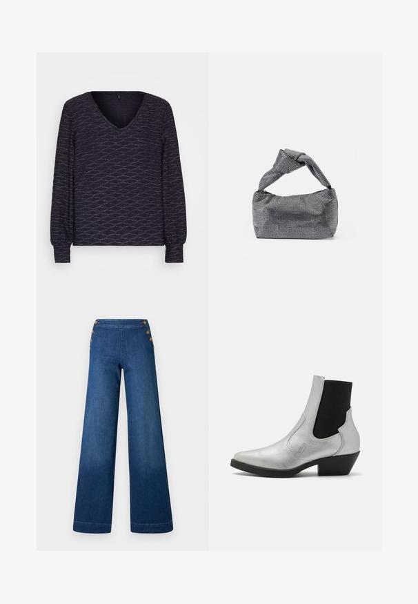 ONLY ONLASTRA V NECK GLITTER - T-shirt à manches longues - blues/almond; Pantalon en denim bleu foncé à jambes larges. Il présente un devant plat avec cinq boutons dorés pour la fermeture. Texture lisse avec une finition classique.; ONLY SHOES ONLBRONCO SHORT - Bottines de cowboy / motard - silver; Sac à main noir et argent avec une surface texturée affichant un motif en diamant, une anse nouée et une forme structurée.