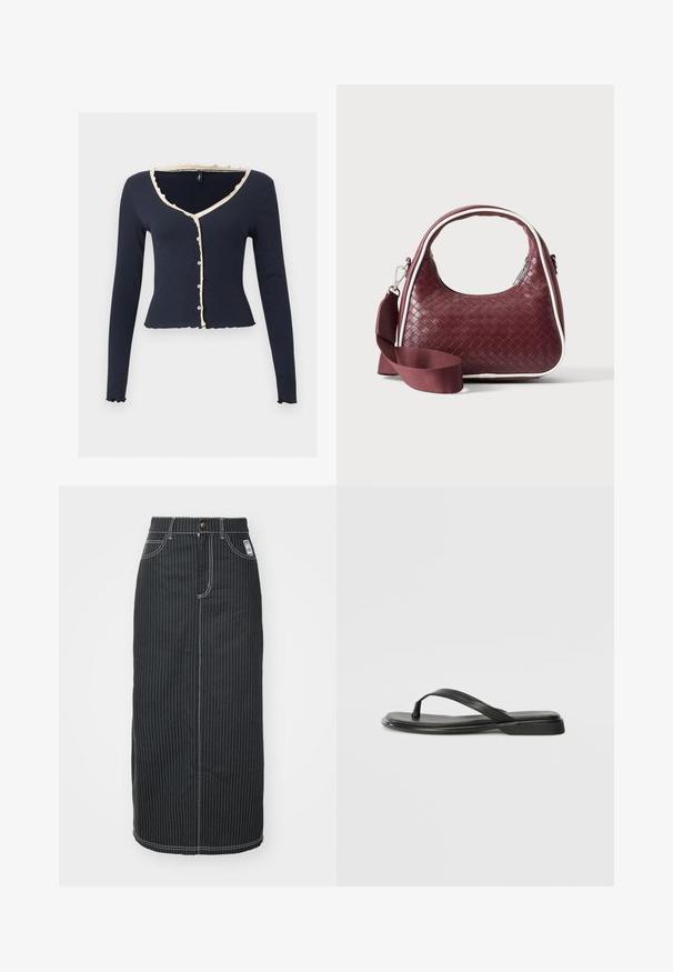 Marineblauwe cropped cardigan met lange mouwen, beige ruches, V-hals en knopen aan de voorkant op een effen lichte achtergrond.; Zwarte denim midi-rok met witte verticale strepen. Heeft een knoop taille, twee voorzakken en contrasterende stiksels. Rechte snit.; Zwarte teenflip-flop van glad leer, met een dunne band en een platte zool met een minimalistisch profiel. Geen opvallende patronen of accenten.; Donkerrode geweven leren handtas met gebogen handvat, witte bies, zilveren rits en afneembare brede stoffen schouderriem tegen een effen achtergrond.
