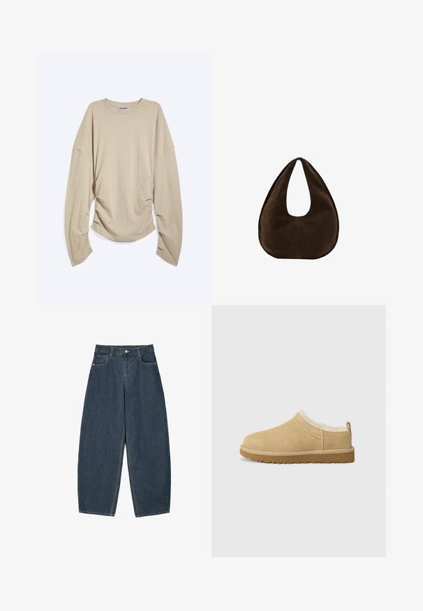 Beige langærmet rundhalset skjorte med overdrevne ærmer og rynkede sider, lagt fladt på en hvid baggrund.; Mørkeblå denim buede bukser med høj talje, som har fem lommer og synlige stingdetaljer. Ren, minimalistik design.; Suede slip-on sko i lys tan, med en blød pelsforing og tekstureret gummisål med en let hæl og bagestrop for nem påklædning.; Mørkebrun ruskind skuldertaske formet som en halvmåne med en bred rem og glat tekstur på en hvid baggrund.