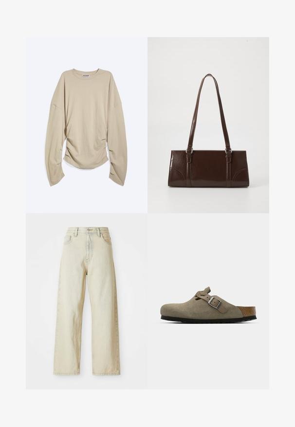 Beige langærmet rundhalset skjorte med overdrevne ærmer og rynkede sider, lagt fladt på en hvid baggrund.; Løse denimjeans i en lys beige nuance med forlommer, høj talje og subtile syninger. Fremstillet af struktureret denimstof.; Suede træsko i lys olivengrøn med en formet kork- og gummisål. Har en side rem med en metal spænde og en rund tå.; Brun lakeret håndtaske med rektangulær form, to lange håndtag og subtile buede detaljer på fronten.