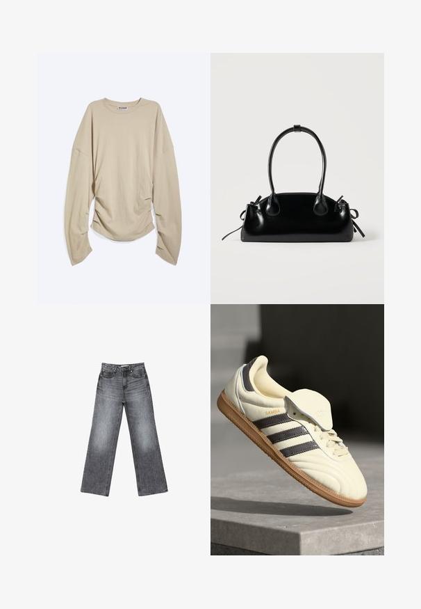 Beige langærmet rundhalset skjorte med overdrevne ærmer og rynkede sider, lagt fladt på en hvid baggrund.; Bredde ben mørkegrå denimjeans med en falmet finish, fem lommer, en knaplukning og subtile sømdetaljer langs sømmene.; Cremefarvede lædersneakers med tre mørke striber, en brun gummisål og en afrundet tå. Har en foldbar tunge mærket "SAMBA."; Lille sort blank håndtaske med to lange håndtag og snøre-detaljer i siden på en ensfarvet lys baggrund.