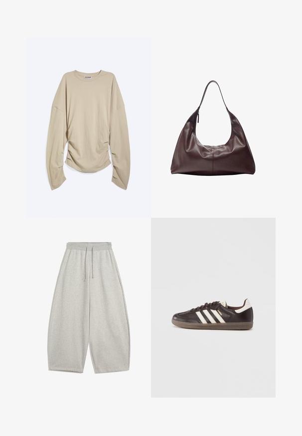 Beige langærmet rundhalset skjorte med overdrevne ærmer og rynkede sider, lagt fladt på en hvid baggrund.; Lys grå brede sweatpants med elastisk talje og snørebånd, udstyret med sidelommer og afslappet pasform.; Mørkebrune lædersneakers med hvidt tre-stribet design, en gummisål og "Samba" i gyldne bogstaver på siden. Klassisk lavtopform.; Mørkebrun læder skuldertaske med en enkelt strop og en lynlås på den ene side, blød og slasket struktur samt glat tekstur.