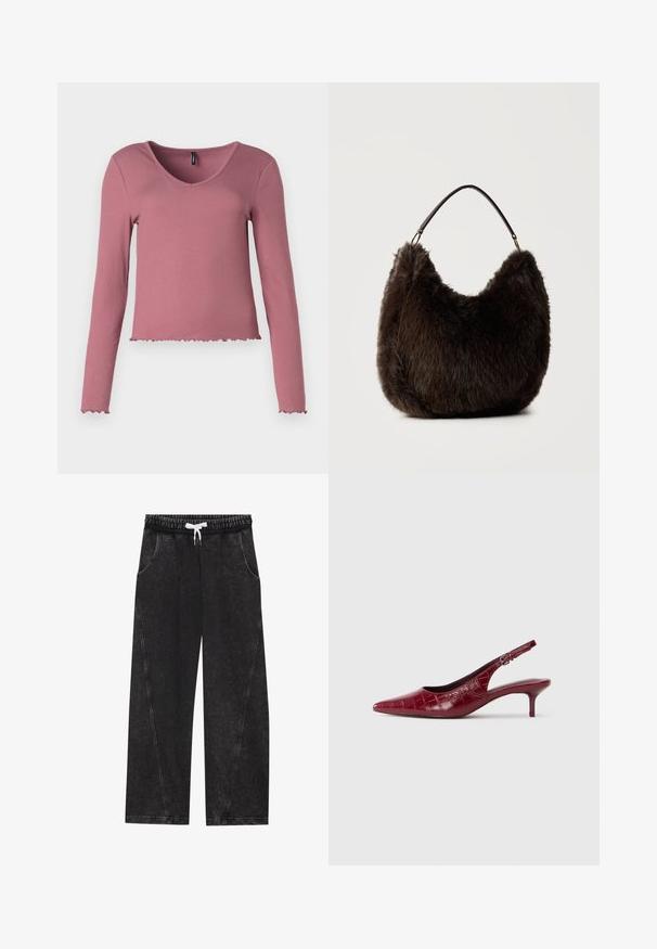 Top de manga larga, de canalé en rosa empolvado con escote en V y dobladillo con forma de concha. Textura suave, diseño ajustado y detalles mínimos.; Pantalones anchos y negros hechos de una tela texturizada. Presentan una cinturilla elástica con un cordón blanco y bolsillos frontales con costuras diagonales.; Zapato de tacón tipo slingback de cuero burdeos con textura de cocodrilo, punta afilada, correa ajustable con hebilla y tacón bajo tipo kitten sobre un fondo blanco.; Bolso de mano de piel sintética marrón oscuro con una forma suave y redondeada y una correa corta de cuero con herrajes dorados.