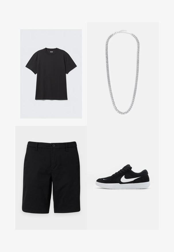 T-shirt noir à manches courtes en coton. Il présente un col rond et une coupe décontractée. Design simple sans motifs ni accents visibles.; Shorts noirs longueur genou avec fermeture par boutons, passants pour ceinture et un design simple sur fond clair.; Baskets en suède noires avec accents blancs, dotées d'une pointe arrondie, d'une semelle blanche épaisse et de lacets noirs. Logo Nike blanc bien visible sur le côté.; Collier en chaîne en métal argenté avec des maillons entrelacés, une texture lisse et un fermoir réglable pour personnaliser la longueur.
