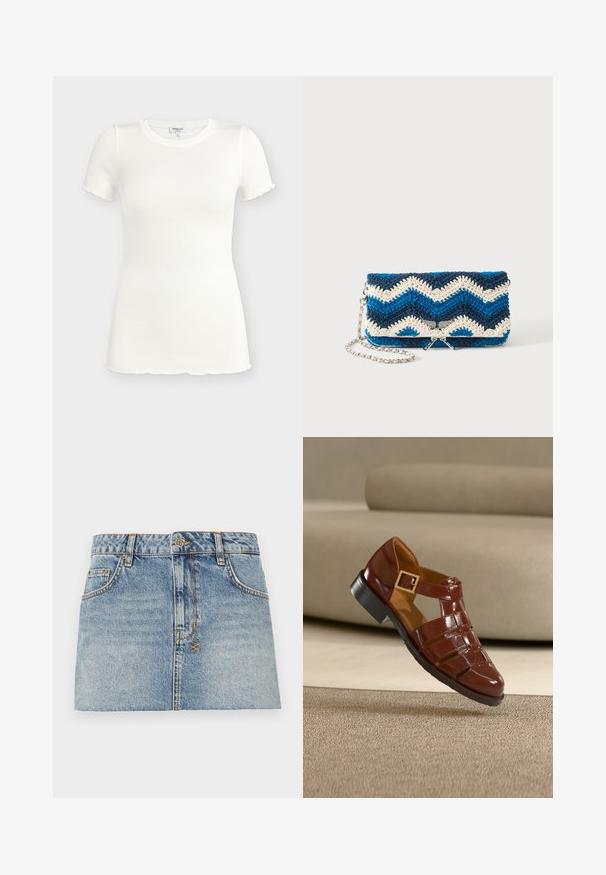 Haut blanc à manches courtes côtelé ajusté avec encolure ronde et finitions ondulées sur les manches et l'ourlet.; Jupe mini en denim bleu clair avec une taille ajustée, fermeture à boutons à l'avant et deux poches latérales. Présente des ourlets bruts et des détails de couture contrastante.; Sandale en cuir marron à bout fermé avec une bride à boucle, semelle noire et finition brillante, posée au-dessus d'un tapis beige et d'un canapé en arrière-plan.; Pochette bleue, bleu marine et blanche en crochet avec motif en zigzag et bandoulière chaîne argentée, présentée sur un fond blanc uni.
