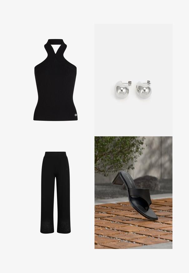 KARL LAGERFELD Topp - black; Mustad mustad püksid laiade jalgadega disainiga, elastse vöökohtaga ja lilleline tikand allääres. Valmistatud pehmest ja elastsetest kangast.; Mustad Calvin Kleini kontsadega sandaal varbatsükliga, paikneval puidust plaatpõrandal õues puu ja kivimüüri lähedal.; Hõbedased tilga kõrvarõngad, millel on ümardatud, peegelduvad pinnad; minimalistlik disain sujuva tekstuuri ja diskreetse brändingu detailiga.