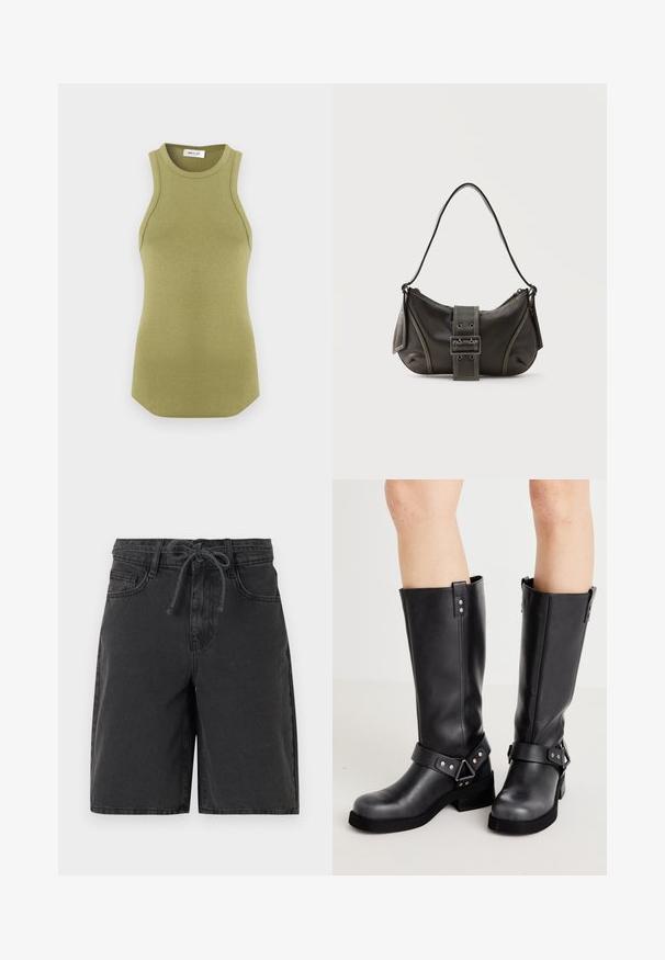 Ærmeløs olivengrøn ribstrikket tanktop med rund halsudskæring og let buet kant, lagt fladt på en hvid baggrund.; Sorte denimshorts med bæltestropper, forlommer og et bundet snoretræk i taljen, vist mod en ensfarvet baggrund.; Sorte læder støvler i knæhøjde med bred skaft, remdetaljer, sølv hardware og flad sål. Glat tekstur med en let glans.; Sort læder skuldertaske med spænde på remmen, afrundede kanter og kontrasterende hvide syninger på en ensfarvet baggrund.