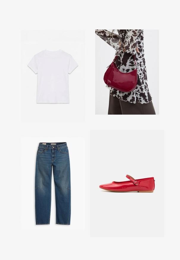 T-shirt en coton blanc uni à manches courtes et col rond, étalé à plat sur un fond blanc.; Jeans en denim bleu avec une coupe décontractée, featuring une taille haute, des jambes droites, des coutures visibles et un petit accent sur le genou gauche.; Ballerines en cuir verni rouge avec un bout rond, une sangle élastique avec une boucle ronde, et une semelle plate beige. Surface lisse avec finition brillante.; Femme portant un chemisier à motif noir et blanc tenant un sac à main rouge brillant sur un fond uni.