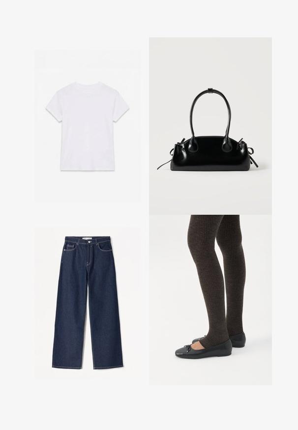 Hvid kortærmet t-shirt i bomuld med rund hals, lagt fladt på en hvid baggrund.; Mørkeblå brede jeans i denimstof med hvide syninger, har to frontlommer og en klassisk knaplukning.; Ben iført mørke ribbede leggings kombineret med sorte balletsko med små sløjfedetaljer på hvid baggrund.; Lille sort blank håndtaske med to lange håndtag og snøre-detaljer i siden på en ensfarvet lys baggrund.