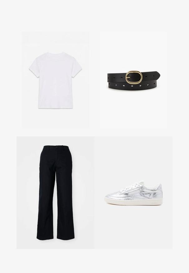 T-shirt en coton blanc uni à manches courtes et col rond, étalé à plat sur un fond blanc.; Pantalons noirs à jambes larges en coton. Dotés d'une fermeture à bouton à l'avant, de passants de ceinture et d'une texture lisse. Pas de motifs ou d'accents visibles.; Baskets basses avec semelle blanche, dessus texturé argent métallique, lacets blancs et logo de marque discret sur fond gris.; Ceinture en cuir noir avec une boucle en laiton ovale. Présente plusieurs trous pour un ajustement de taille. Texture lisse avec un design classique et minimal.