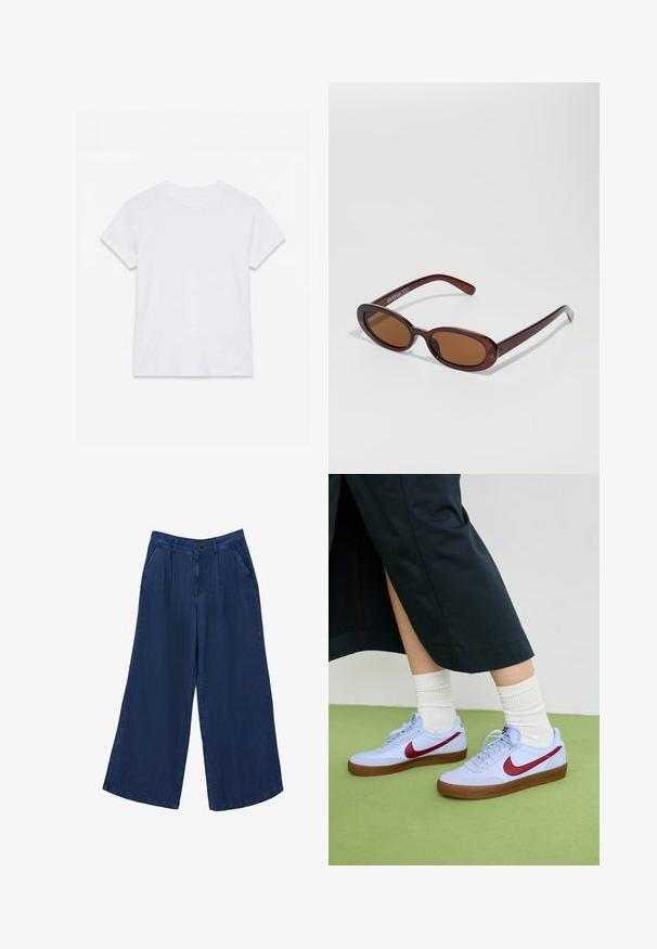 Camiseta blanca lisa de algodón de manga corta y cuello redondo, colocada plana sobre un fondo blanco.; Pantalones vaqueros de pierna ancha en azul oscuro. Presentan dos bolsillos frontales, un cierre de botón y una textura suave con una tela ligera.; Zapatillas de deporte azul claro con un swoosh burdeos, suela de goma y cordones blancos, combinadas con calcetines blancos de canalé y pantalones oscuros.; Gafas de sol redondas con tinte marrón y un marco burdeos brillante. Patillas delgadas con un sutil detalle de marca. Diseño de lentes planos.