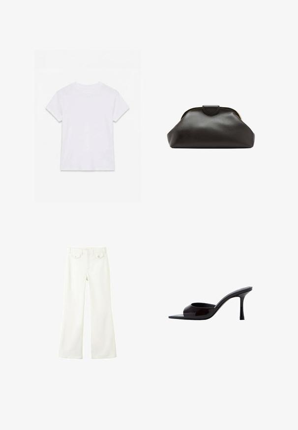 T-shirt en coton blanc uni à manches courtes et col rond, étalé à plat sur un fond blanc.; Pantalon blanc taille haute avec jambes évasées, bouton et fermeture éclair à l'avant, et deux poches à rabat avec boutons à la taille devant.; Mules à talons hauts en cuir verni noir avec un bout carré et un design ouvert. Le talon est élancé et présente une finition brillante.; Pochette en cuir noir souple avec un cadre arrondi et une petite fermeture à languette en haut au centre.