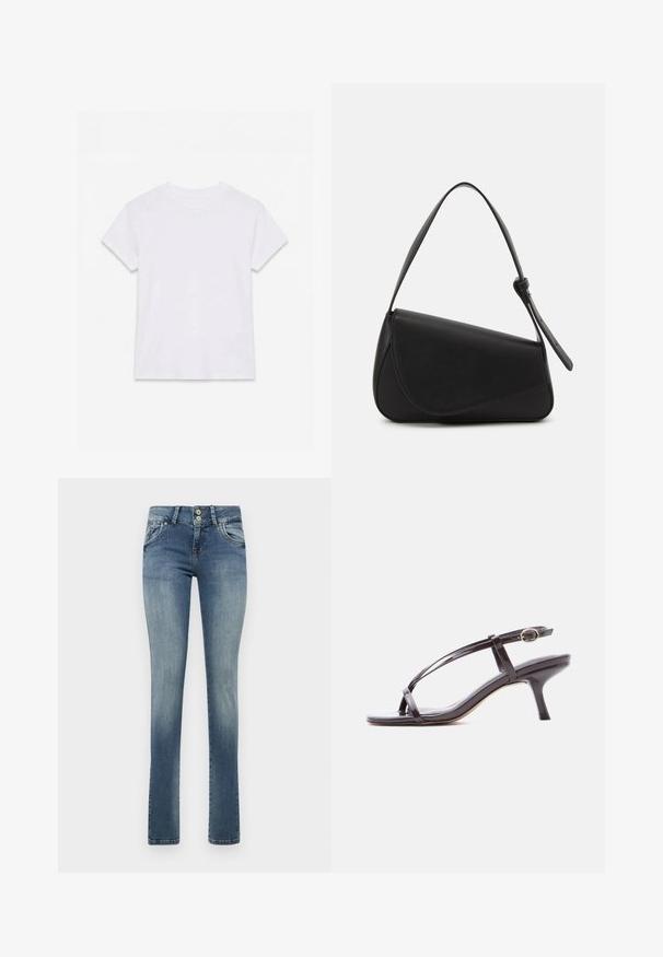 Hvid kortærmet t-shirt i bomuld med rund hals, lagt fladt på en hvid baggrund.; Lysblå denim jeans med lige ben-design, to forlommer, en falmet finish og en lille slidse detalje på højre lår.; Sort laklæder sandal med lav hæl og tynde krydsede remme samt en lille guldlås på ankelremmen.; Sort læderhåndtaske med en triangular form, skrå klap og et rundt håndtag. Har en glat overflade og minimalistiske design detaljer.