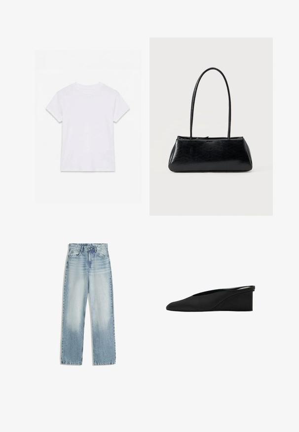 Effen wit katoenen T-shirt met korte mouwen en ronde hals, plat gelegd op een witte achtergrond.; Lichtblauwe denim jeans, hoog in de taille, met een recht model. Bevat klassieke vijf-pocket styling en subtiele vervaging aan de voorkant.; Zwart leren sleehak mule schoen met puntige neus en lage, stevige hak, instapmodel.; Zwarte rechthoekige schoudertas met lange dunne banden en een gladde, glanzende textuur op een effen achtergrond.