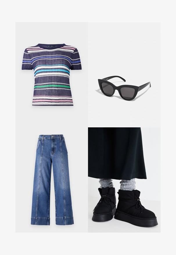 Kurzärmeliges, gestreiftes Hemd mit Linien in Marineblau, Pink, Hellblau, Grün und Weiß. Hergestellt aus strukturiertem Stoff mit Rundhalsausschnitt.; Weite blaue Jeans mit hohem Bund, ausgestattet mit einem Knopfverschluss, Fronttaschen und sichtbaren Nähten entlang der Seitennähte.; Schwarze, gepolsterte Knöchelstiefel mit flachen Sohlen, Schnürsenkeln und auffälligen Nähten. Kombiniert mit grauen, gerippten Socken, die hervorlugen, und getragen zu einem dunklen Rock.; Schwarze Cat-Eye-Sonnenbrille mit matter Oberfläche, grauen getönten Gläsern, scharfen Kanten und schlanken Bügeln. Der Markenname ist auf dem inneren Bügel sichtbar.