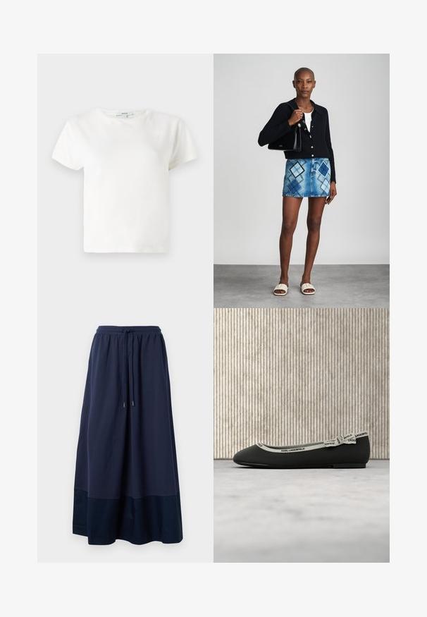 T-shirt en coton blanc à manches courtes, col rond et coupe décontractée. Étiquette visible au niveau du col, texture lisse. Design simple, sans motifs.; Jupe maxi bleu marine en tissu doux, dotée d'une taille élastique avec cordon de serrage et d'un panneau bleu plus foncé à l'ourlet.; Chaussure plate noire avec une texture côtelée, bordure crème et un nœud décoratif. Logo visible sur la bordure. Placée sur une surface claire et duveteuse.; Un cardigan en maille noir, un haut blanc, une jupe en denim avec un motif de diamants bleus et noirs, un sac à main noir et des sandales à enfiler beiges.