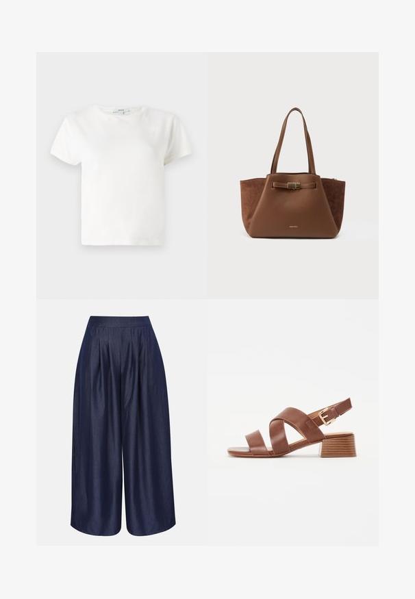 T-shirt en coton blanc à manches courtes, col rond et coupe décontractée. Étiquette visible au niveau du col, texture lisse. Design simple, sans motifs.; Pantalon bleu marine taille haute à jambes larges avec plis sur le devant, confectionné dans un tissu lisse et légèrement brillant.; Sandales à talons en cuir marron avec un design à brides croisées et une fermeture à boucle, dotées d'un talon bloc et d'une finition lisse et texturée.; Sac fourre-tout marron combinant des textures lisses et en daim, présentant une forme rectangulaire, des poignées doubles et un accent décoratif en or sur le devant.
