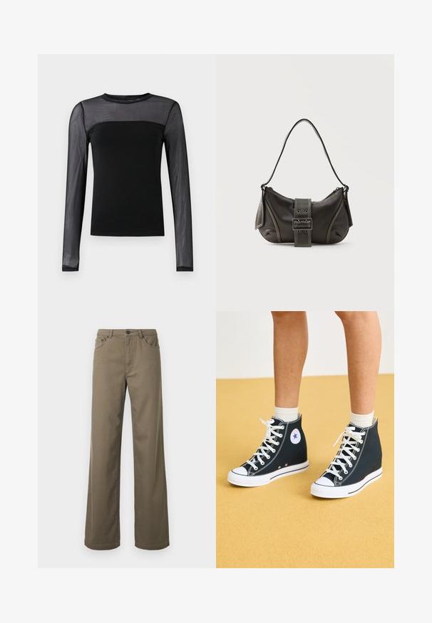 Haut noir à manches longues avec un corps uni et des manches en maille transparente, avec un col rond et une coupe ajustée.; Pantalon à jambes larges en coton vert olive, doté d'une fermeture à boutons, de passants pour ceinture, et d'un design à cinq poches avec une texture lisse et durable.; Baskets montantes en toile bleu foncé avec des semelles en caoutchouc blanc, des lacets et des accents. Présente un logo circulaire et des détails de couture blanche.; Sac à épaule en cuir noir avec une sangle à boucle, des bords arrondis et des coutures blanches contrastées sur un fond uni.