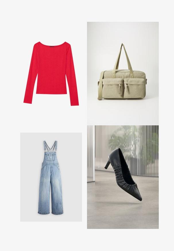 Rotes Langarmoberteil aus geripptem Material, mit weitem Halsausschnitt und figurnaher Silhouette. Glatte Textur mit vertikalen Streifen.; Helleblaue Denim-Latzhose mit weiten Beinen, verstellbaren Trägern, einer Fronttasche und Metallknöpfen an den Seiten. Klassischer Stil mit lockerer Passform.; Schwarzer Leder-Pumps mit hohem Absatz, spitzer Kappe und geraffter Textur am Obermaterial. Glatte Oberfläche; mittelhoher Absatz.; Even&Odd Weekender - green