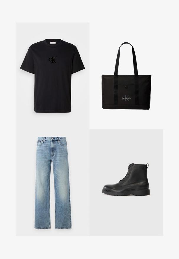 Schwarzes Baumwoll-T-Shirt mit einem strukturierten, gestickten "cK"-Logo auf der Brust. Klassischer Rundhalsausschnitt, kurze Ärmel und gerader Saum.; Hellblaue Jeans mit geradem Bein, hohem Bund, fünf Taschen, Knopfverschluss und dezentem Verblassen an Oberschenkeln und Knien.; Schwarze Knöchelstiefel aus strukturiertem Leder mit runder Spitze, Schnürdesign und einer robusten schwarzen Gummisohle. Verfügt über eine Schlaufe an der Ferse.; Schwarze Calvin Klein Tote-Tasche mit zwei langen Griffen und Fronttasche, mit dem Markenlogo in Weiß und Grau.
