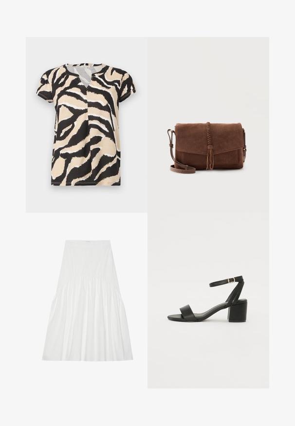 T-shirt à manches courtes avec un décolleté en V, présentant un imprimé zèbre abstrait noir, beige et blanc sur un tissu doux. Coupe décontractée.; Jupe blanche, arrivant au genou, en coton. Présente des détails froncés à la taille, une texture lisse et une silhouette A-line simple et classique.; Sandale à talons noirs avec un dessus en cuir lisse, une ouverture à l'avant, de larges brides avant et une bride de cheville ajustable avec une boucle dorée.; Sac bandoulière en daim marron avec détail pompon tressé sur le rabat avant et bandoulière réglable.