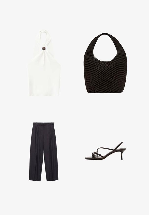 White halter neck crop top with a tortoiseshell ring detail at the front center neckline.; Wide-leg pants in dark navy fabric with subtle vertical stripes, featuring a button closure and a structured waistband.; Black leather high-heeled sandal with thin straps, open toe, and slingback heel, displayed on a white background.; Black open-weave mesh tote bag with rounded top handle and wide, curved body.