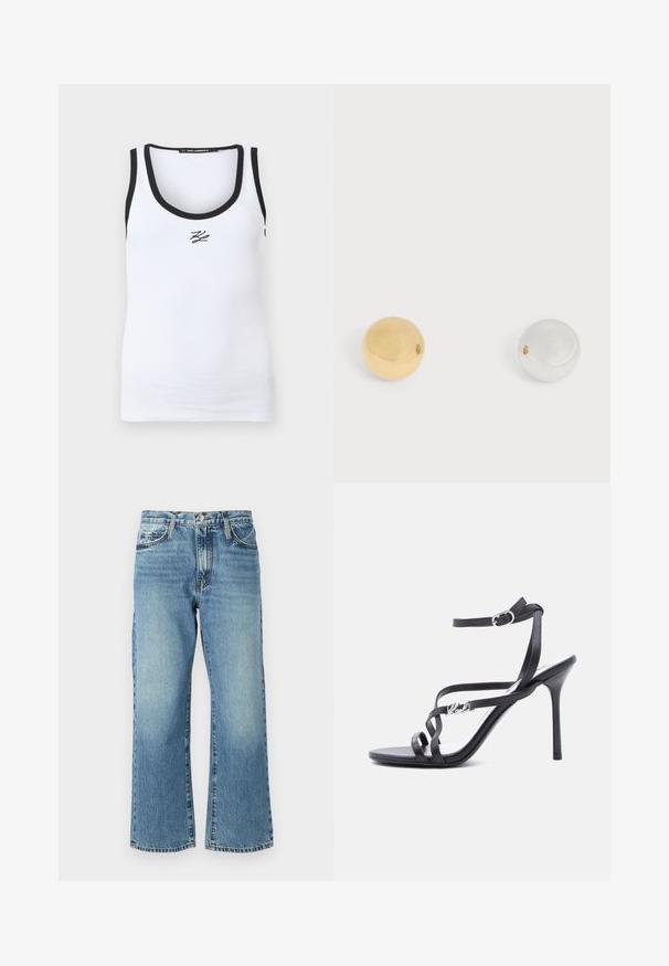 Débardeur blanc côtelé avec bordure noire au niveau de l'encolure et des emmanchures, arborant un petit logo noir "KL" centré sous l'encolure.; Jeans en denim bleu clair avec une coupe large, cinq poches et une fermeture à bouton. Le tissu présente un léger délavage et une texture classique.; Sandale à talon noir avec fines lanières, boucle à la cheville et détail logo en métal sur la lanière latérale, sur fond blanc.; Deux boules métalliques lisses et rondes placées côte à côte sur un fond blanc, une dorée et une argentée.