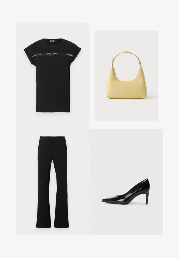 T-shirt noir à manches courtes retroussées, avec une bande logo grise horizontale sur la poitrine. Fabriqué en coton doux.; Pantalon noir évasé en tissu stretch, avec une texture lisse et une taille haute. Design simple sans motifs ni accents visibles.; Chaussure à talon haut en cuir noir avec un bout pointu, texture lisse et un talon effilé. Design minimaliste, sans embellissements supplémentaires.; Sac à main en cuir jaune avec une silhouette incurvée, une bandoulière courte réglable et un compartiment zippé. Présente un logo subtil à l'avant.