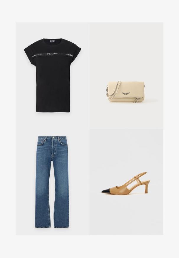 Sort t-shirt med korte opkrullede ærmer og et horisontalt gråt logobånd tværs over brystet. Fremstillet af blødt bomuldsmateriale.; Blå jeans lavet af denim, med en lige ben design, fem lommer, en knaplukning og subtile slidte områder på lårene.; Beige slingback-hæle med sort spids, der har udskårne sider og en mellemhøj blokhæl. Glat lædermateriale.; Cremefarvet læderclutch med sølv vingemblem, dobbelt lynlås og sølvkæderem på en ensfarvet hvid baggrund.