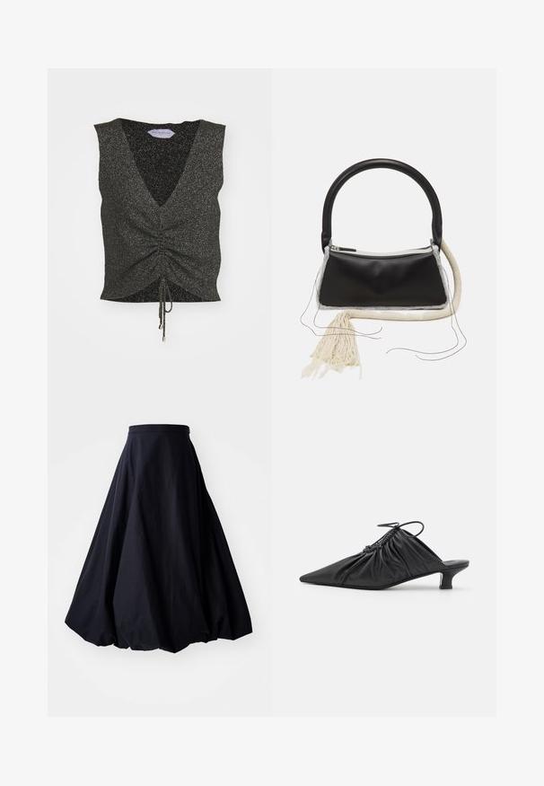 Zwarte mouwloze top met een V-hals, geplooide voorkant, trekkoord onderkant en glinsterende textuur, gemaakt van glinsterende stof met metallic garen.; By Malene Birger AUBREY - Maxirok - black; Zwarte leren instappers met een spitse neus, gegatherde textuur en een kleine kittenhiel. Heeft een trekkoorddetail aan de opening.; Zwarte leren tas met een ronde handgreep, zilveren rits, witte bontafwerking en een lange crèmekleurige kwast aan de voorkant.