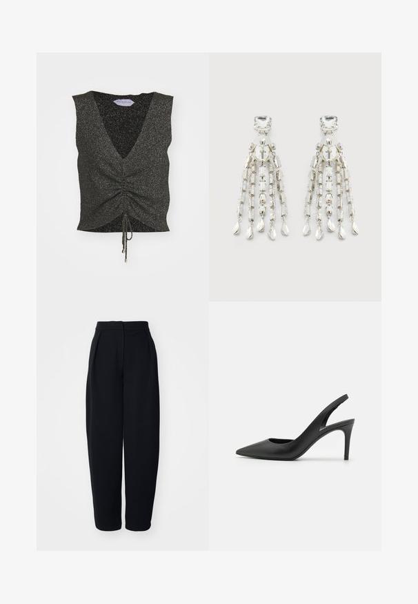 Haut sans manches noir avec un décolleté en V, un devant froncé, un ourlet à cordon et une texture scintillante, fabriqué en tissu pailleté avec des fils métalliques.; Pantalons noirs taille haute à coupe ample, avec des plis à l'avant, une texture lisse et sans poches ni embellissements visibles.; Escarpins à talon aiguille en cuir noir, avec un design à bout pointu, présentant une découpure à l'avant et un talon fin.; Boucles d'oreilles en ton argenté avec des clous carrés, des perles circulaires et des chaînes pendantes se terminant par des charms en forme de goutte.