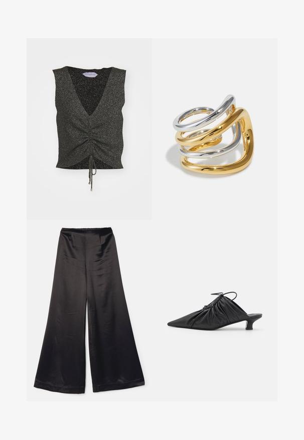 Sort ærmeløs top med V-hals, rynket front, snor i kanten og glitrende tekstur, lavet af glitrende stof med metalliske tråde.; Sorte wide-leg bukser lavet af glat satin. Har en høj elastisk talje og et minimalistisk design uden synlige lukninger.; Sorte læder slip-on mules med spids tå, samlet tekstur og en lille kitten heel. Har en snor-detalje ved åbningen.; Metalring med sammenflettede tråde i poleret sølv- og guldfarver, med glatte, kurvede former og en blank finish.