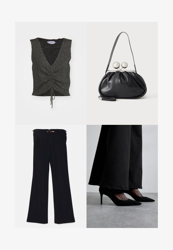 Haut sans manches noir avec un décolleté en V, un devant froncé, un ourlet à cordon et une texture scintillante, fabriqué en tissu pailleté avec des fils métalliques.; Pantalons évasés noirs en tissu doux, dotés d'une taille élastique et de poches latérales. Le design présente une texture lisse sans motifs visibles.; Des chaussures à talons hauts en suede noir avec des bouts pointus, portées avec un pantalon large noir, présentent un design élégant et un léger éclat.; Sac à main en cuir noir avec un design plissé, une sangle unique, un cadre métallique argenté et deux grandes fermoirs ronds en argent.