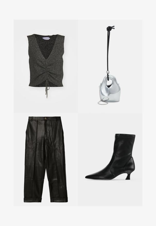 Schwarzes ärmelloses Oberteil mit V-Ausschnitt, gerafftem Frontbereich, Kordelzugsaum und schimmernder Textur, aus glitzerndem Stoff mit metallischen Fäden.; AERON ZIMA PANTS - Lederhose - black; Schwarzer Leder-Stiefel bis zur Mitte der Wade mit spitzer Schuhspitze und niedrigem Kittenabsatz, seitlich auf hellem einfarbigem Hintergrund gezeigt.; Silberne metallische Handtasche mit einer einzigartigen, glatten, organischen Form. Verfügt über einen schwarzen Kordelriemen und eine kleine Kette für vielseitige Tragemöglichkeiten.