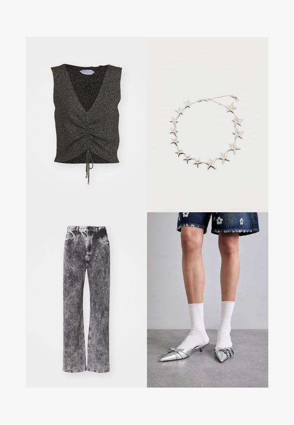 Sort ærmeløs top med V-hals, rynket front, snor i kanten og glitrende tekstur, lavet af glitrende stof med metalliske tråde.; Højtaljede, vide jeans i en sort og grå fadet vask, med fem lommer og kontrasterende syninger langs kanten.; Sølvspidse mules med en lav hæl, der har dekorative stropper og en glat metallisk finish. Båret med hvide ankelstrømper.; Sølv stjerneformet kæde med sammenkoblede stjerner i forskellige størrelser og en lille lobster-klips på en hvid baggrund.