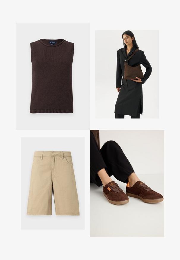 Mouwloos donkerbruin gebreid sweatervest met een ronde hals, geribde zoom en een klein maatlabel binnenin de achterste kraag.; Beige katoenen shorts tot op de knieën met riemlussen, voorzakken en een ritssluiting op een witte achtergrond.; Bruine suède sneakers met een ronde neus, textuur bovenkant en oranje accenten. Voorzien van platte veters en een rubberen zool.; Vrouw in een zwarte blazer en rok, met een grote donkerbruine suède schoudertas tegen een witte achtergrond.