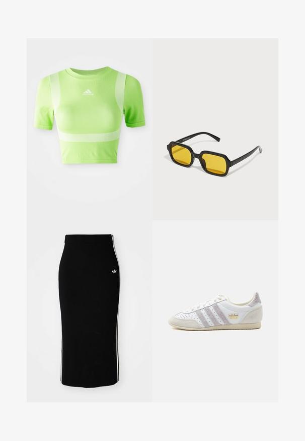 Kappet atletisk skjorte i lys grøn stof. Har korte ærmer, rund hals og hvidt diagonalt stribemønster på skuldrene. adidas-logo på fronten.; Sort ribbet midi-nederdel med en tætsiddende design, der har hvide sidelister og et lille hvidt emblem på venstre side.; Hvid Adidas Japan sneaker med grå ruskindstriber og hæl, perforerede sider, beige sål og guld Adidas Japan branding på siden.; Sorte rektangulære solbriller med gule linser. Funktioner inkluderer tykke stel og kantet design med en glat, blank finish.