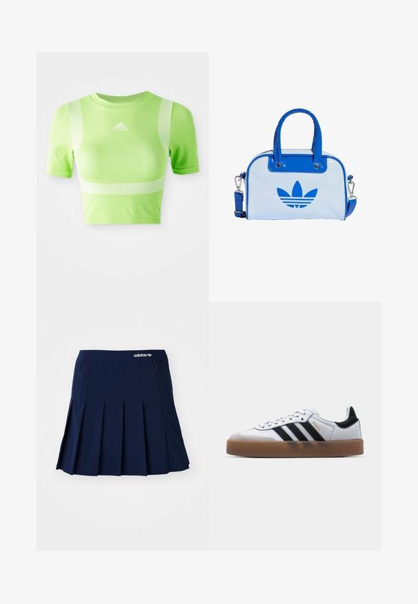 Lühenud sportlik särk ere roheline. Omab lühikesi varrukaid, ümarat kaelust ja valget diagonaalriba mustrit õlgadel. adidas logo ees.; Tumesinine plisseeritud seelik, mis on valmistatud kergest kangast; sisaldab elastset vööd ja väikest lukuga taskut, ees on valge Adidas logo.; Valged nahast tossud mustade triipudega, kummist välistald, ümmargune nina, seotud sulgemine ja pehme hall suede ninaosa.; Sinine ja valge käekott läikiva viimistlusega, millel on kaks sinist sangast, eemaldatav õlarihm ja esiküljel silmapaistev sinine logo.