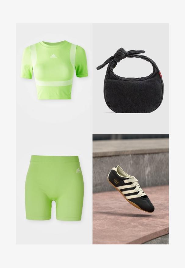 Geknipt sportshirt van helder groene stof. Heeft korte mouwen, een ronde hals en een wit diagonale streepdesign op de schouders. adidas-logo aan de voorkant.; Groene sportshorts van rekbaar materiaal, met een middellange tailleband en een Adidas-logo aan de voorkant rechts.; Zwart sportschoen met crèmekleurige strepen en veters, met een laag profiel, gladde textuur en een rubberen zool voor grip. Merkenlabel zichtbaar.; Kleine zwarte denim schoudertas met een gestrikte riem en ritssluiting, met een rood Levi's stoffen label aan de zijkant.