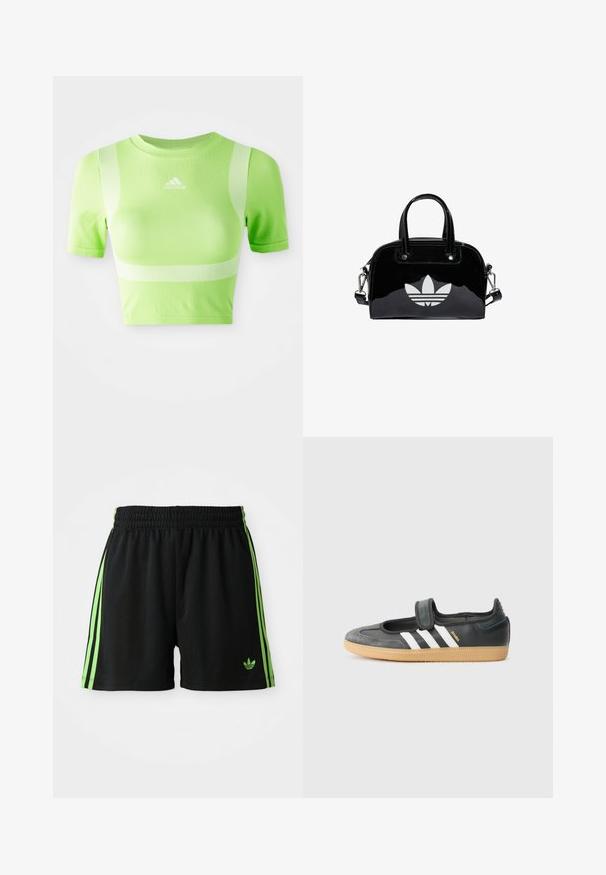 Geknipt sportshirt van helder groene stof. Heeft korte mouwen, een ronde hals en een wit diagonale streepdesign op de schouders. adidas-logo aan de voorkant.; Zwarte sportshorts met een trekkoord in de taille, voorzien van drie verticale groene strepen aan elke kant en het groene Adidas-logo.; Zwarte leren en suède sneaker met een klittenbandsluiting, voorzien van drie witte strepen en een gumzool, met de naam "SAMBA" aan de zijkant.; Zwarte gepatenteerde leren handtas met een afgeronde vorm, dubbele handvaten bovenaan, zilveren accenten en een opvallend wit logo aan de voorkant.